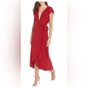 NWT MISA Los Angeles Irina Fluttered Sleeves Rope Belt Wrap Maxi Dress in Red